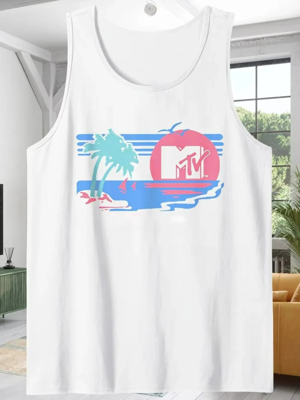 Men's Sleeveless Cotton Vest with Vibrant Beach Palm Patterned Print Casual Crew Neck Summer T-Shirt Gym Workout Outdoor Top