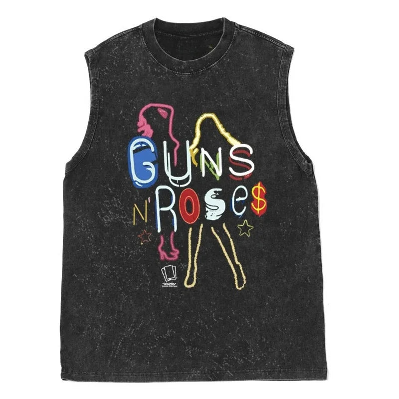 Oasis Band washed retro American street minimalist rock vest print T-shirt high-quality pure cotton Harajuku Y2K top