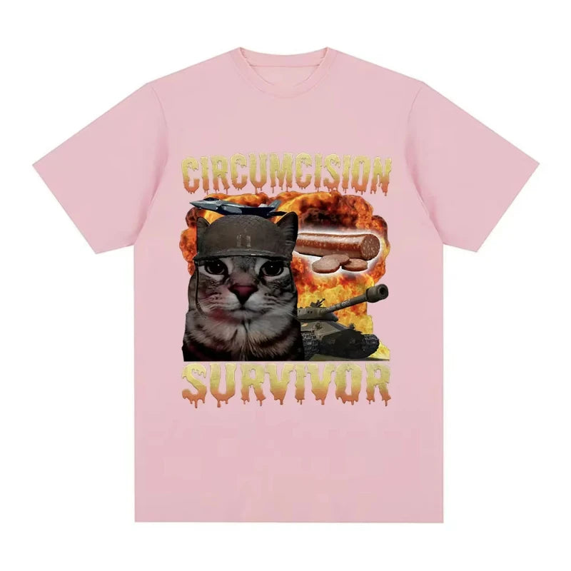 Circumcision Survivor Funny Cat Meme T Shirts Men Women Vintage T-shirt Casual Cotton Short Sleeve Summer T-shirts Streetwear