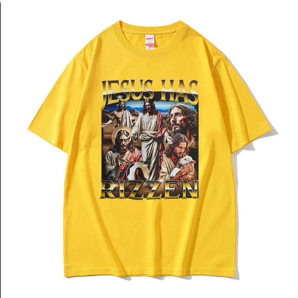 Funny Unhinged Offensive Lnappropriate Jesus Has Rizzen Graphic T Shirts Men Women Retro Oversized T-Shirt Short Sleeve T-Shirts