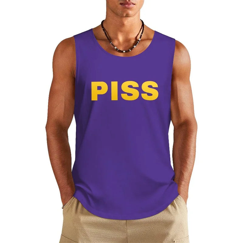 Funny Text Piss Graphic Tank Top For Men Summer Fitness Gym Sleeveless Shirt Hip Hop Personality Humour Design Loose Vest Tops