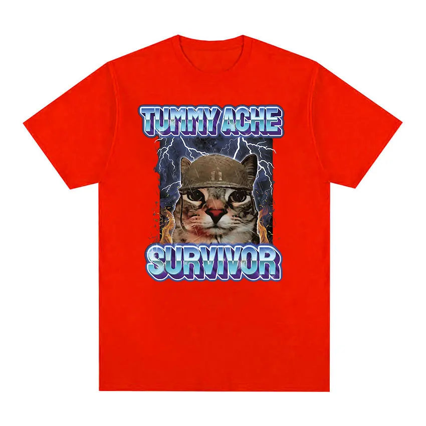 Vintage Tummy Ache Survivor Funny Cat Meme Tee Shirt Men Women Clothing Fashion Short Sleeve T-shirt Casual T Shirts
