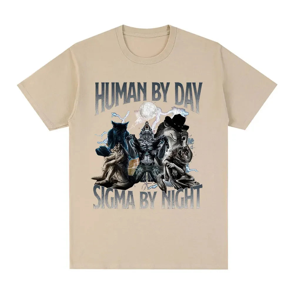 Human By Day Sigma By Night Funny Wolf Graphic T Shirt Men Women Casual Cotton Short Sleeve Oversized T-shirts Streetwear Unisex