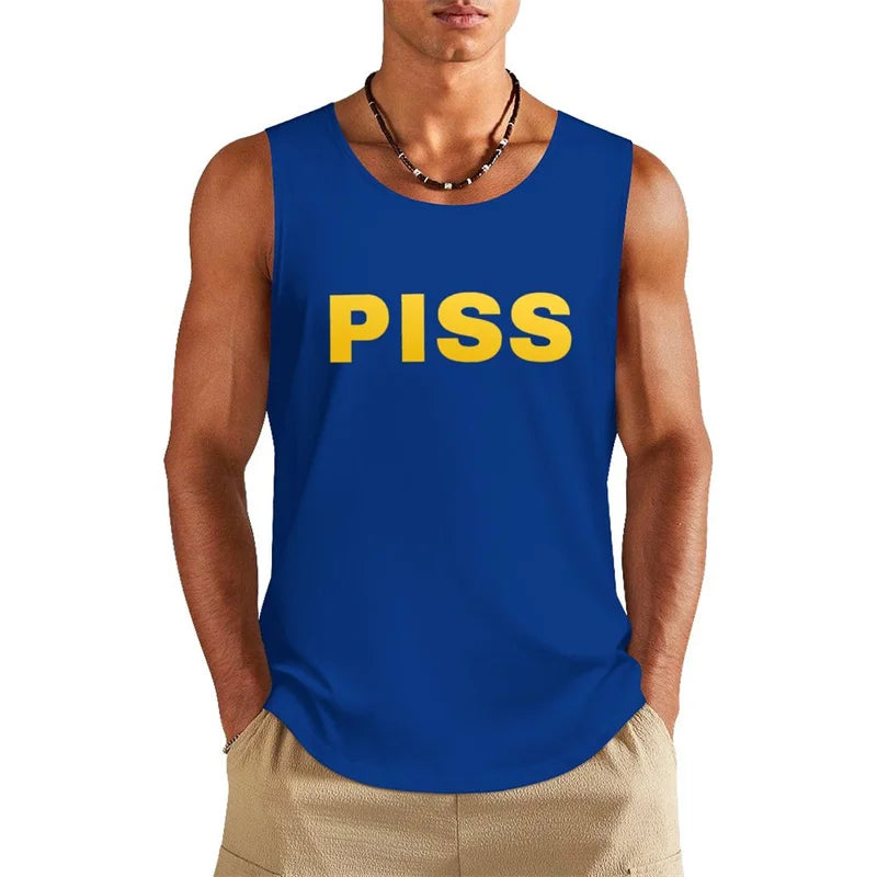 Funny Text Piss Graphic Tank Top For Men Summer Fitness Gym Sleeveless Shirt Hip Hop Personality Humour Design Loose Vest Tops