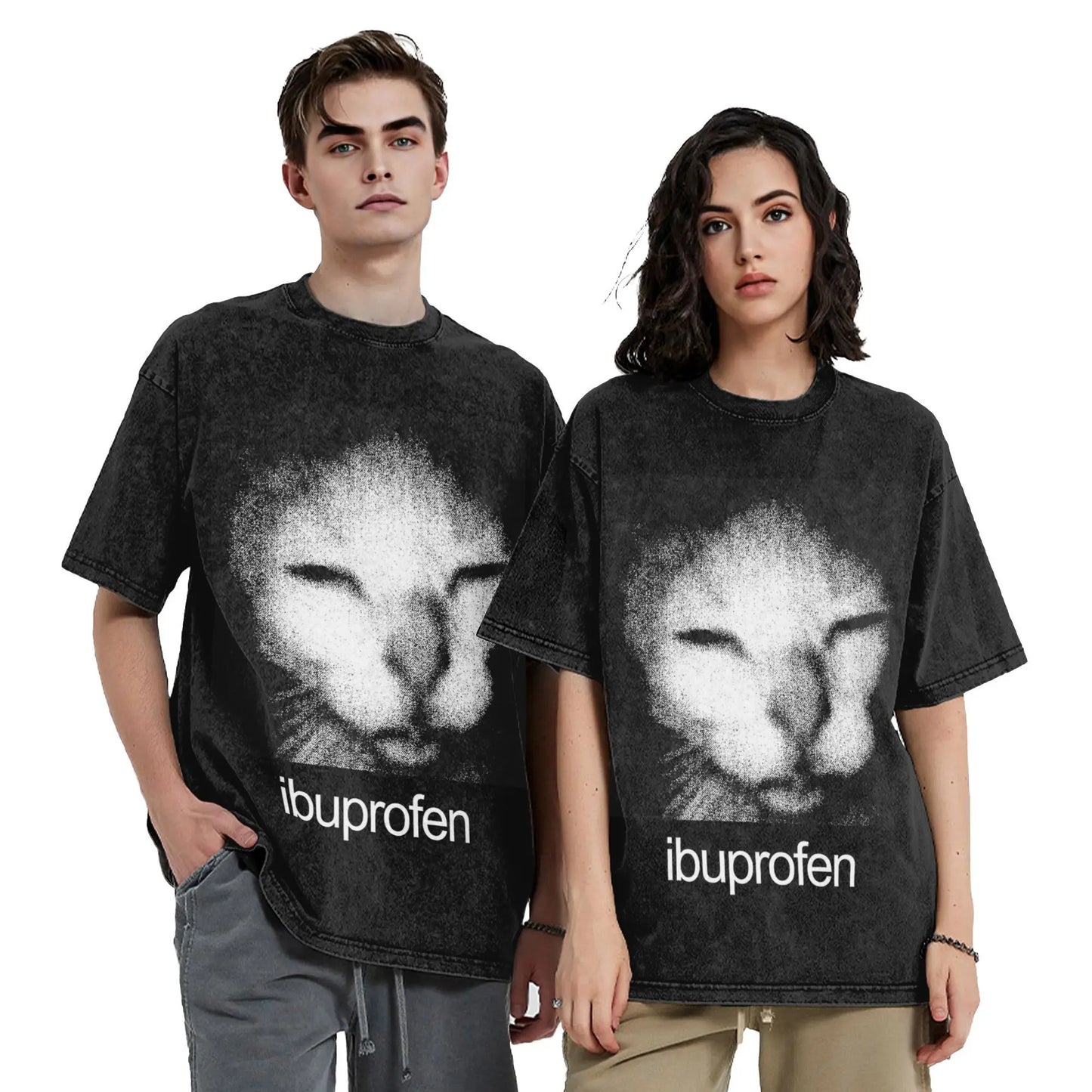Ibuprofen Cat Meme Washed T Shirts Streetwear Hip Hop Vintage T-Shirts  Tees Tops for Men Women 100% Cotton Street Summer