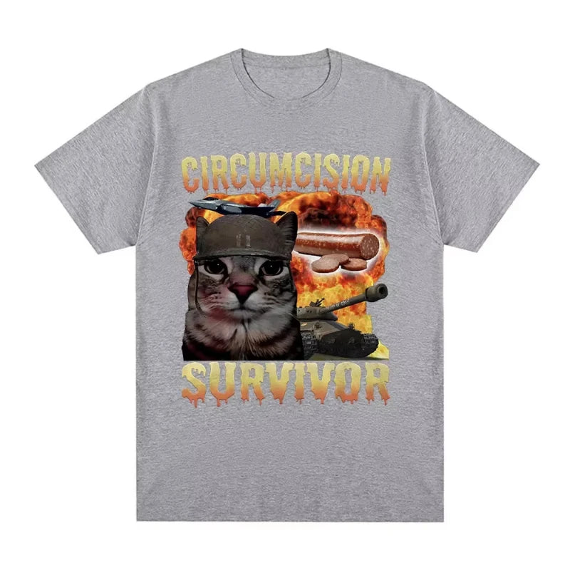 Circumcision Survivor Funny Cat Meme T Shirts Men Women Vintage T-shirt Casual Cotton Short Sleeve Summer T-shirts Streetwear