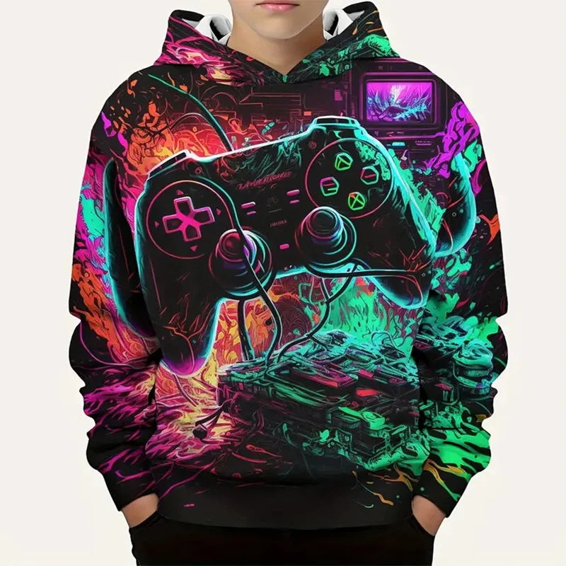Gamepad Game Player Funny Hoodie For Men Graffiti Neon Smoke Graphic Hooded Coat Children Best Gift Long Sleeve Kids Hoodies