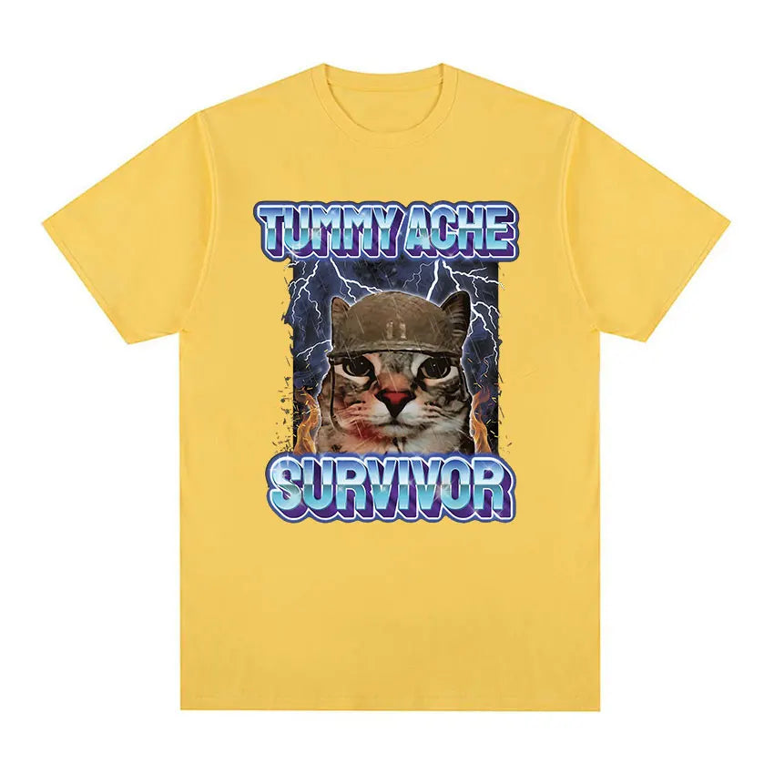 Vintage Tummy Ache Survivor Funny Cat Meme Tee Shirt Men Women Clothing Fashion Short Sleeve T-shirt Casual T Shirts