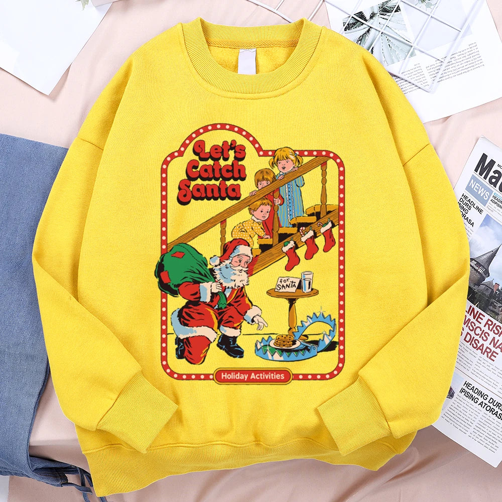 Let’S Catch Santa Holiday Activities Comics Print Clothes Men Women Soft Loose Sweatshirt Warm Soft Hoodie O-Neck Pullover Hoody