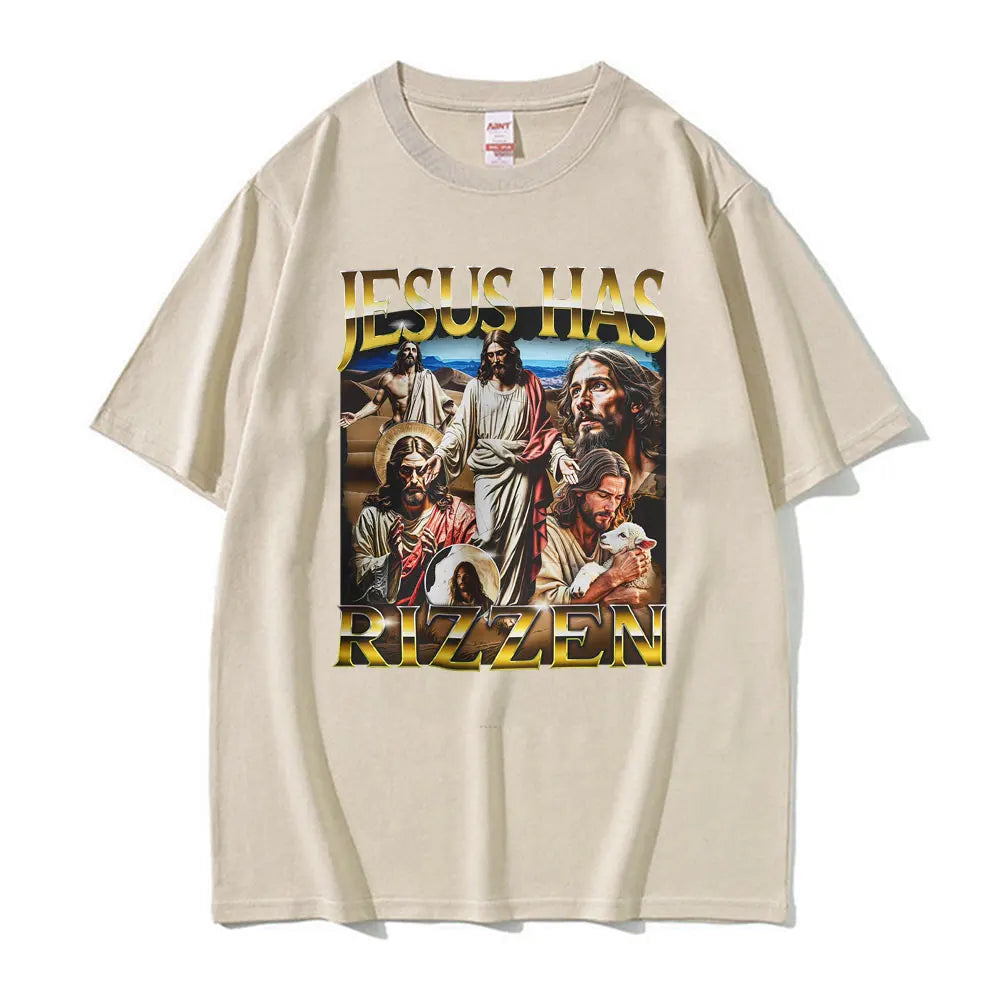 Funny Unhinged Offensive Lnappropriate Jesus Has Rizzen Graphic T Shirts Men Women Retro Oversized T-Shirt Short Sleeve T-Shirts