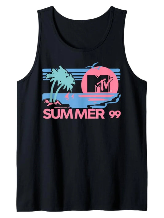 Men's Sleeveless Cotton Vest with Vibrant Beach Palm Patterned Print Casual Crew Neck Summer T-Shirt Gym Workout Outdoor Top