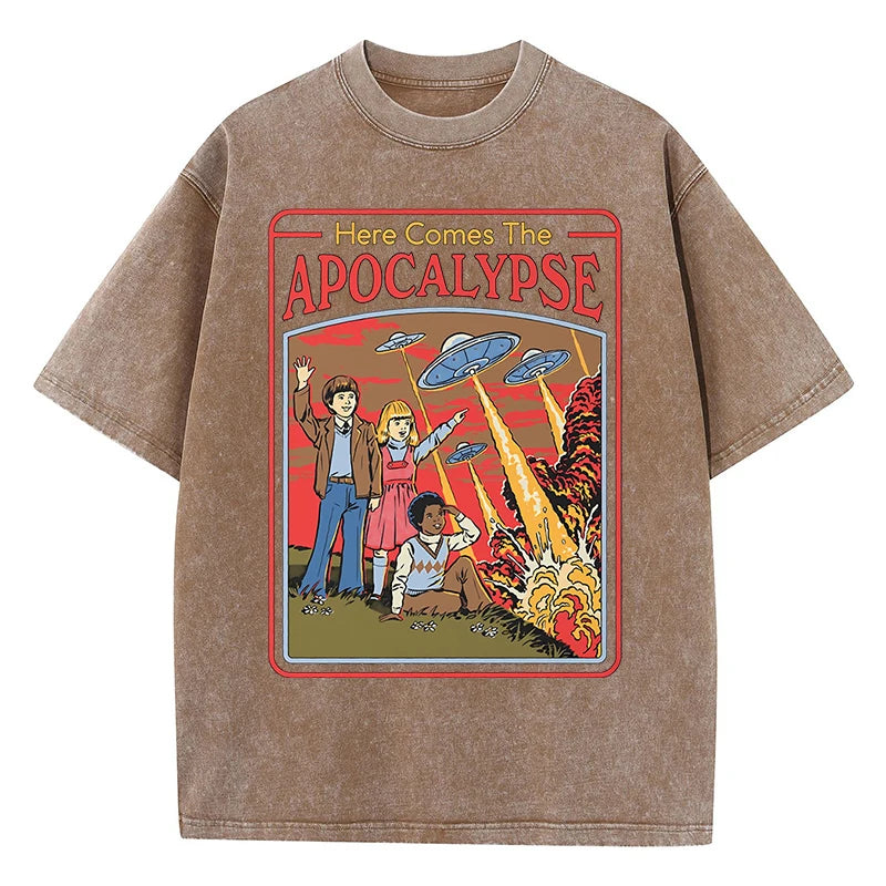 Here Comes The Apocalypse Ufo Washed Retro Men Clothing Oversized Quality Streetwear Fashion Cotton Tops Casual Loose T-Shirt