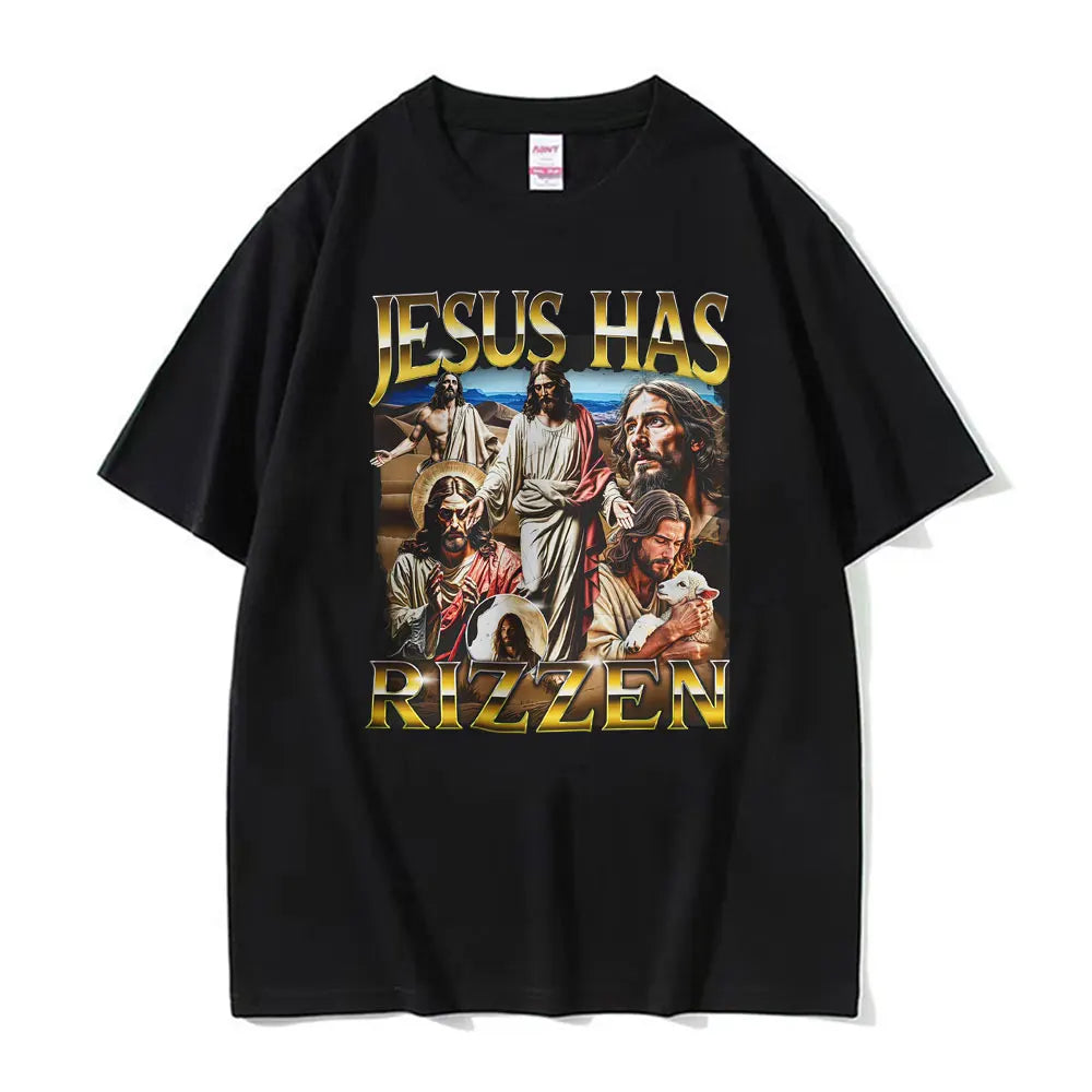 Funny Unhinged Offensive Lnappropriate Jesus Has Rizzen Graphic T Shirts Men Women Retro Oversized T-Shirt Short Sleeve T-Shirts
