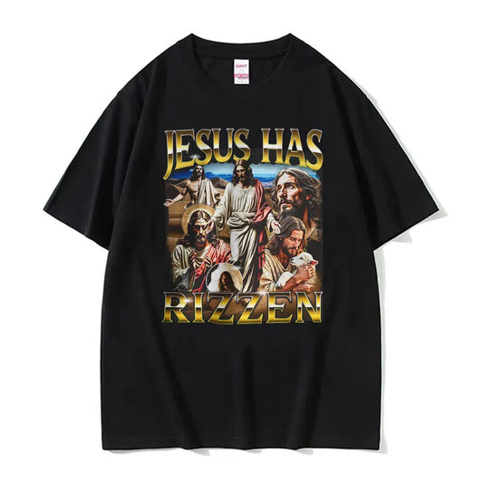 Funny Unhinged Offensive Lnappropriate Jesus Has Rizzen Graphic T Shirts Men Women Retro Oversized T-Shirt Short Sleeve T-Shirts