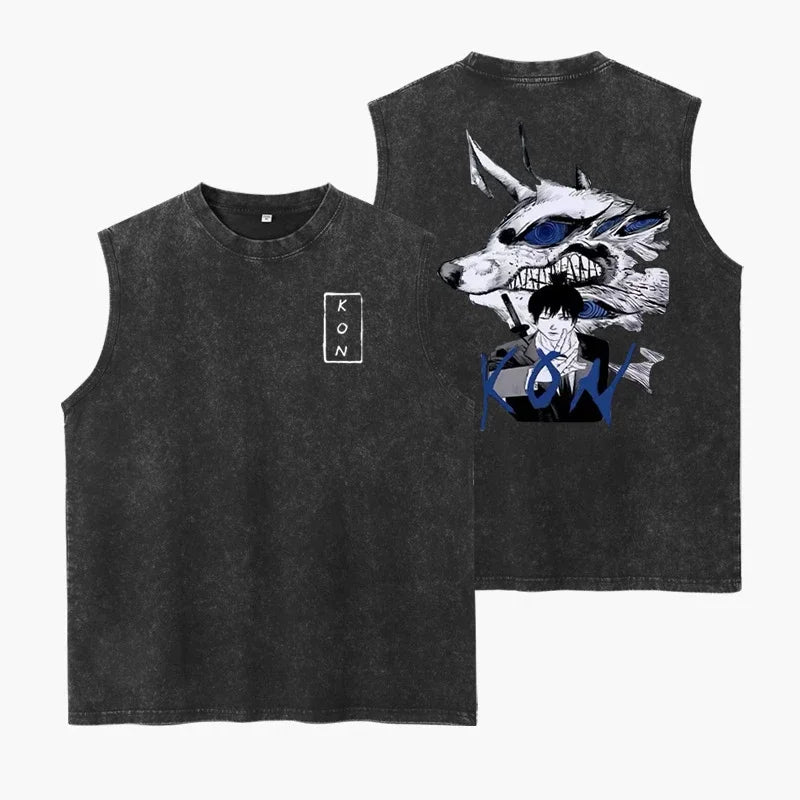 Japanese Anime Cartoon Kon Washed Vest Retro Men'S Fitness Sports Top Pure Cotton Summer Breathable Loose Y2k Sleeveless T-Shirt