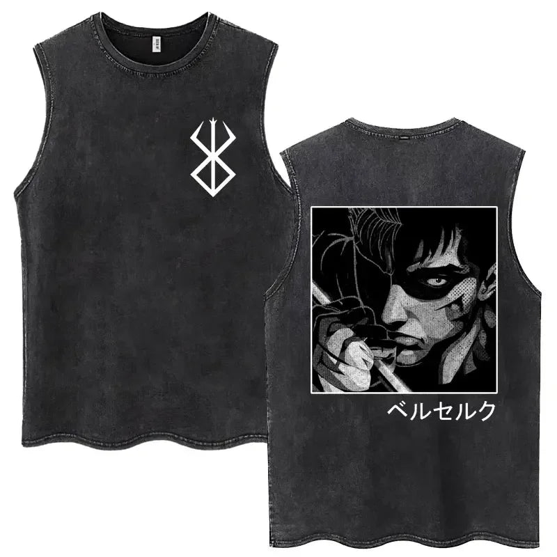 Anime Berserk Guts Washed Harajuku Tank Tops Retro Manga Gatsu Griffith Zodd Sleeveless T Shirts Unisex Cotton Oversized T-Shirt