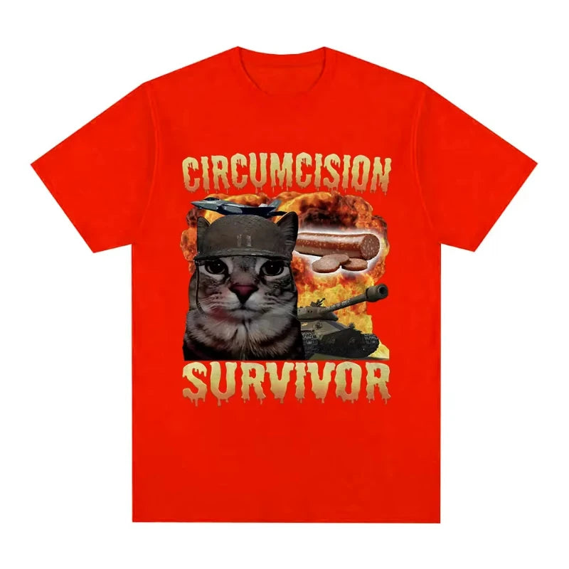 Circumcision Survivor Funny Cat Meme T Shirts Men Women Vintage T-shirt Casual Cotton Short Sleeve Summer T-shirts Streetwear