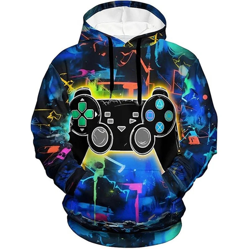 Gamepad Game Player Funny Hoodie For Men Graffiti Neon Smoke Graphic Hooded Coat Children Best Gift Long Sleeve Kids Hoodies