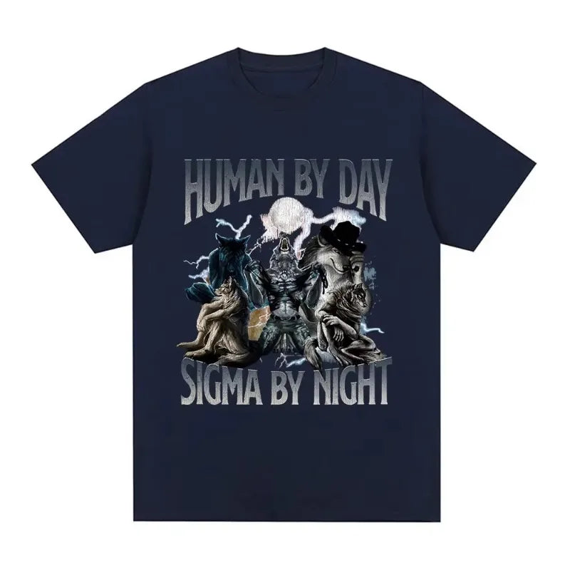 Human By Day Sigma By Night Funny Wolf Graphic T Shirt Men Women Casual Cotton Short Sleeve Oversized T-shirts Streetwear Unisex