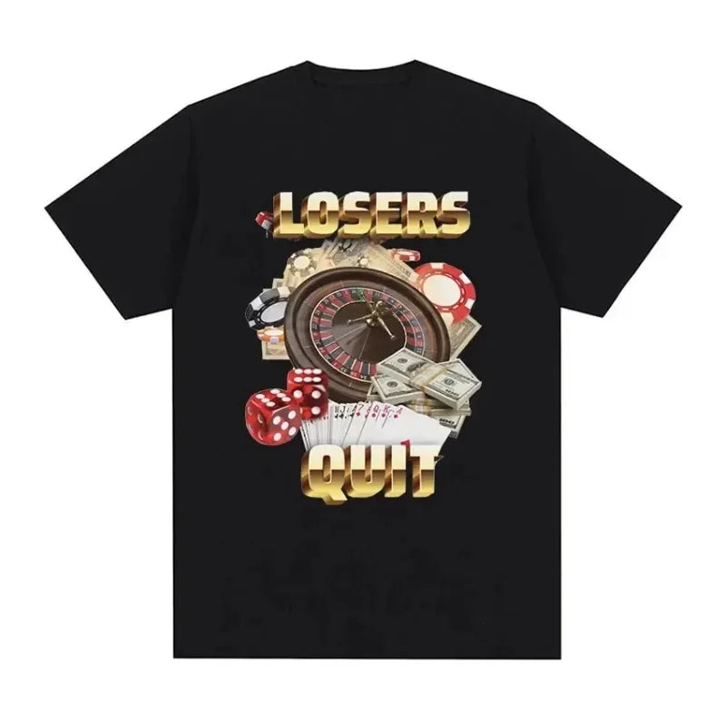 Vintage Losers Quit Gambling Meme Graphic Printed T Shirt Woman Fashion Short Sleeve Round-Neck T-shirts Casual Fashion Clothing