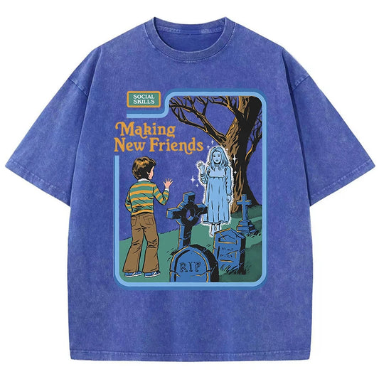Social Skills Making New Friends Washed Retro Male Women T-Shirts Hip Hop Breathable Tops Casual T Shirt Oversized Cotton T-Shir