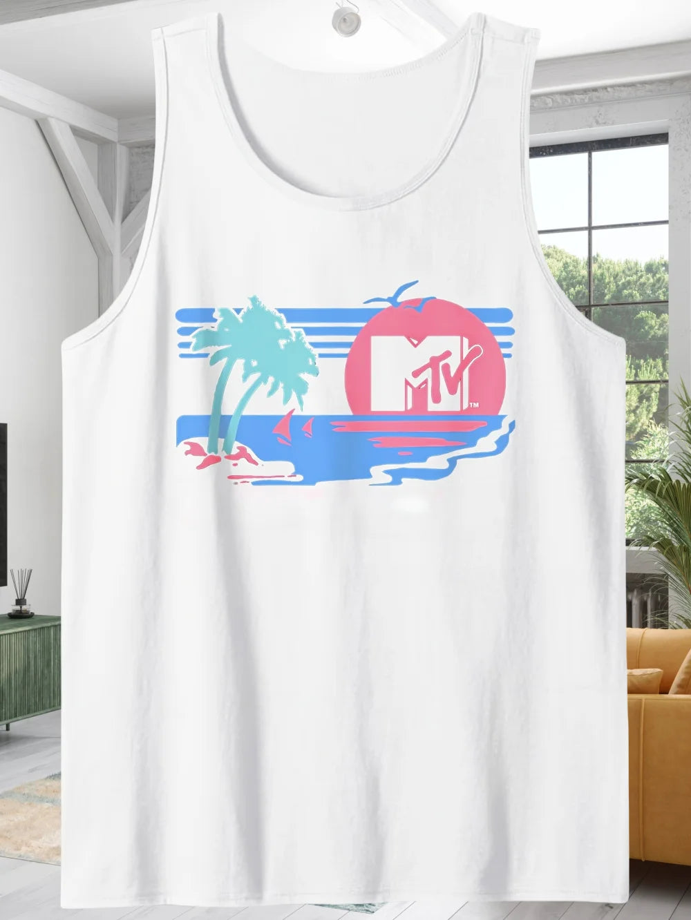 Men's Sleeveless Cotton Vest with Vibrant Beach Palm Patterned Print Casual Crew Neck Summer T-Shirt Gym Workout Outdoor Top