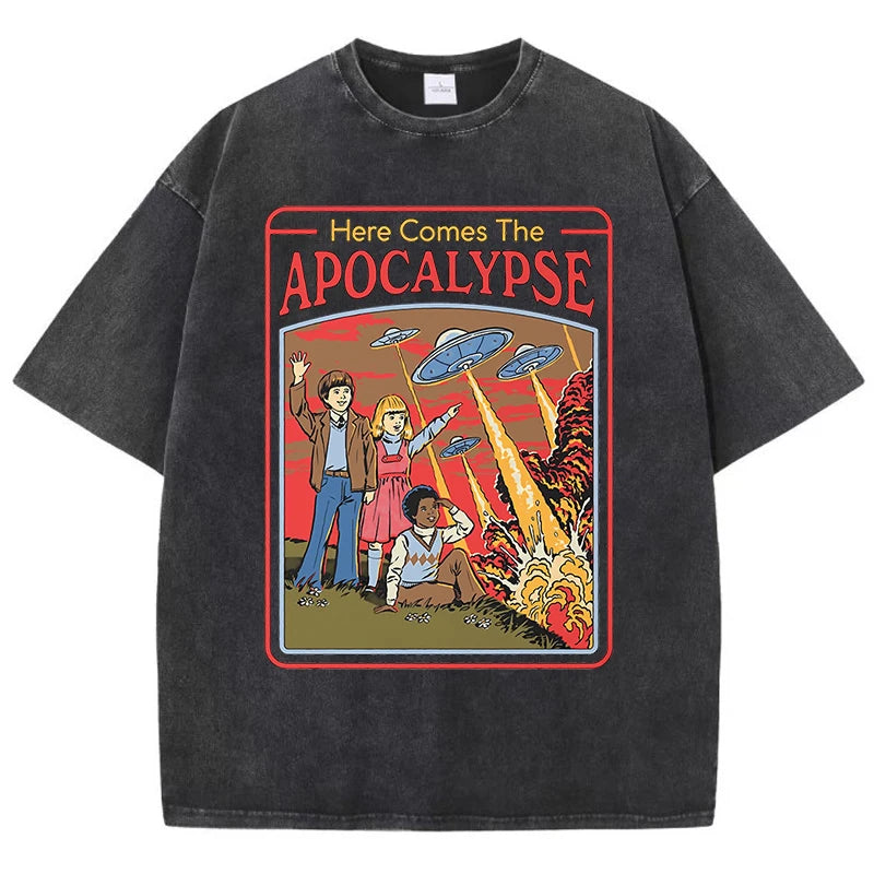Here Comes The Apocalypse Ufo Washed Retro Men Clothing Oversized Quality Streetwear Fashion Cotton Tops Casual Loose T-Shirt